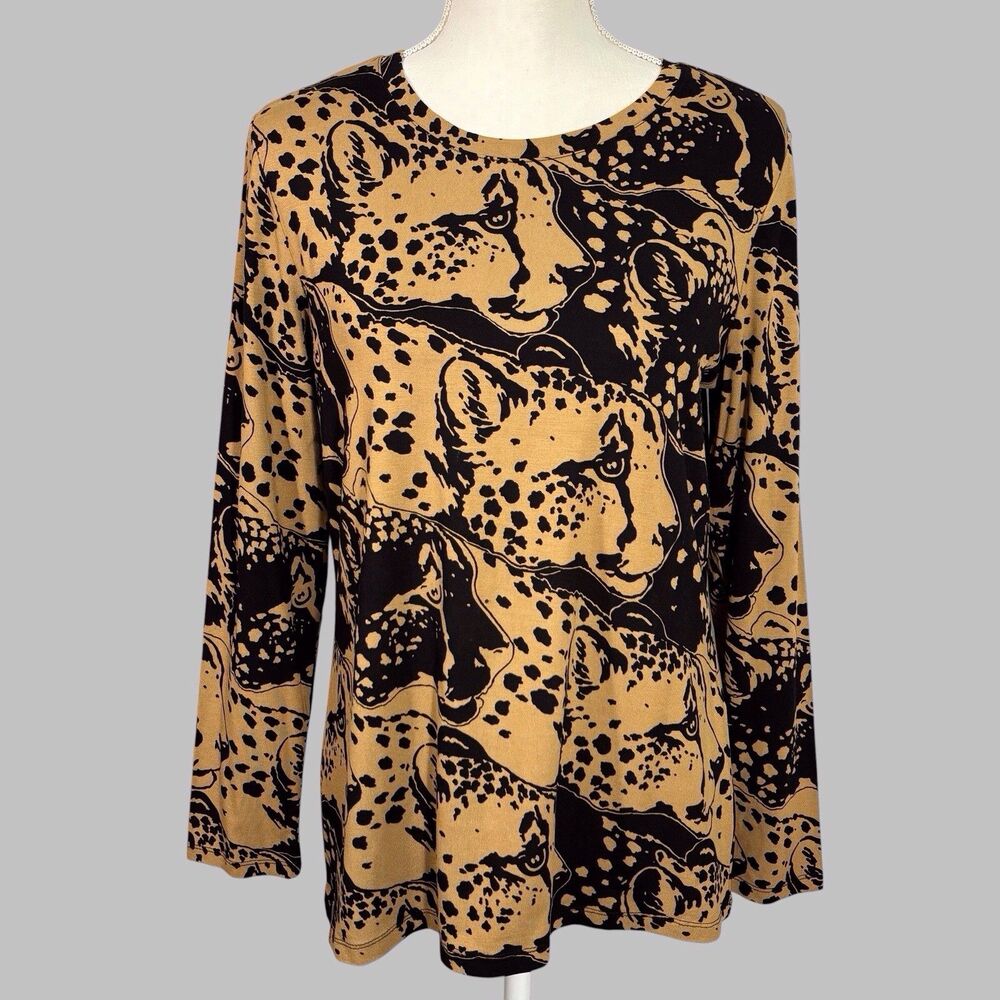 Chico's Size 1 Graphic Print Long Sleeve Top Medium Leopard Cheetah Long Sleeve